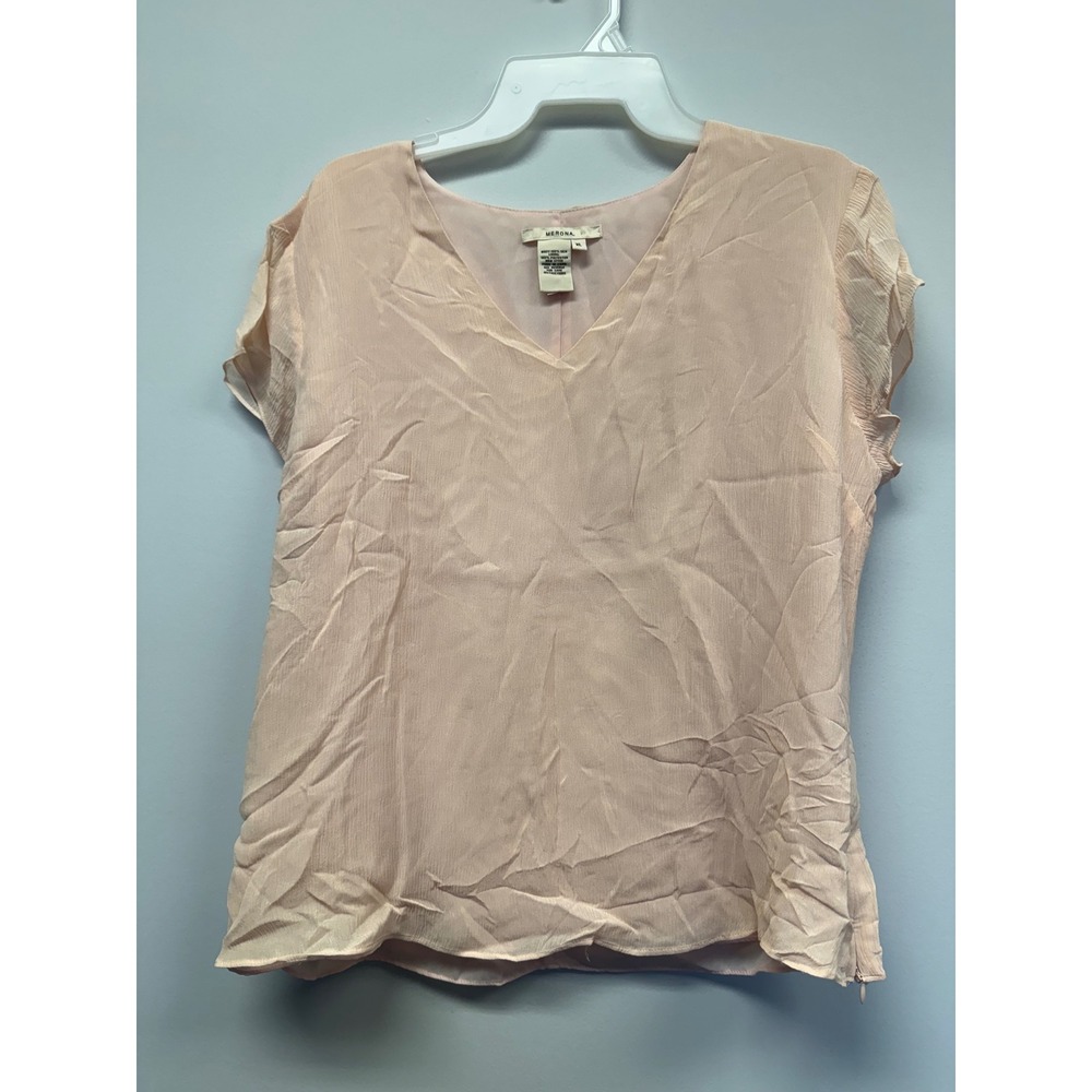 Merona Womens XL Pink 100% Silk V-Neck Short Sleeve Blouse Side Zip Top RN17730